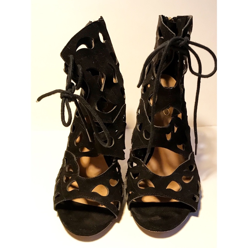 ALDO|  Suede black Laser Cut Out Peep Toe Stiletto Sandals Size 6 |Color: Black